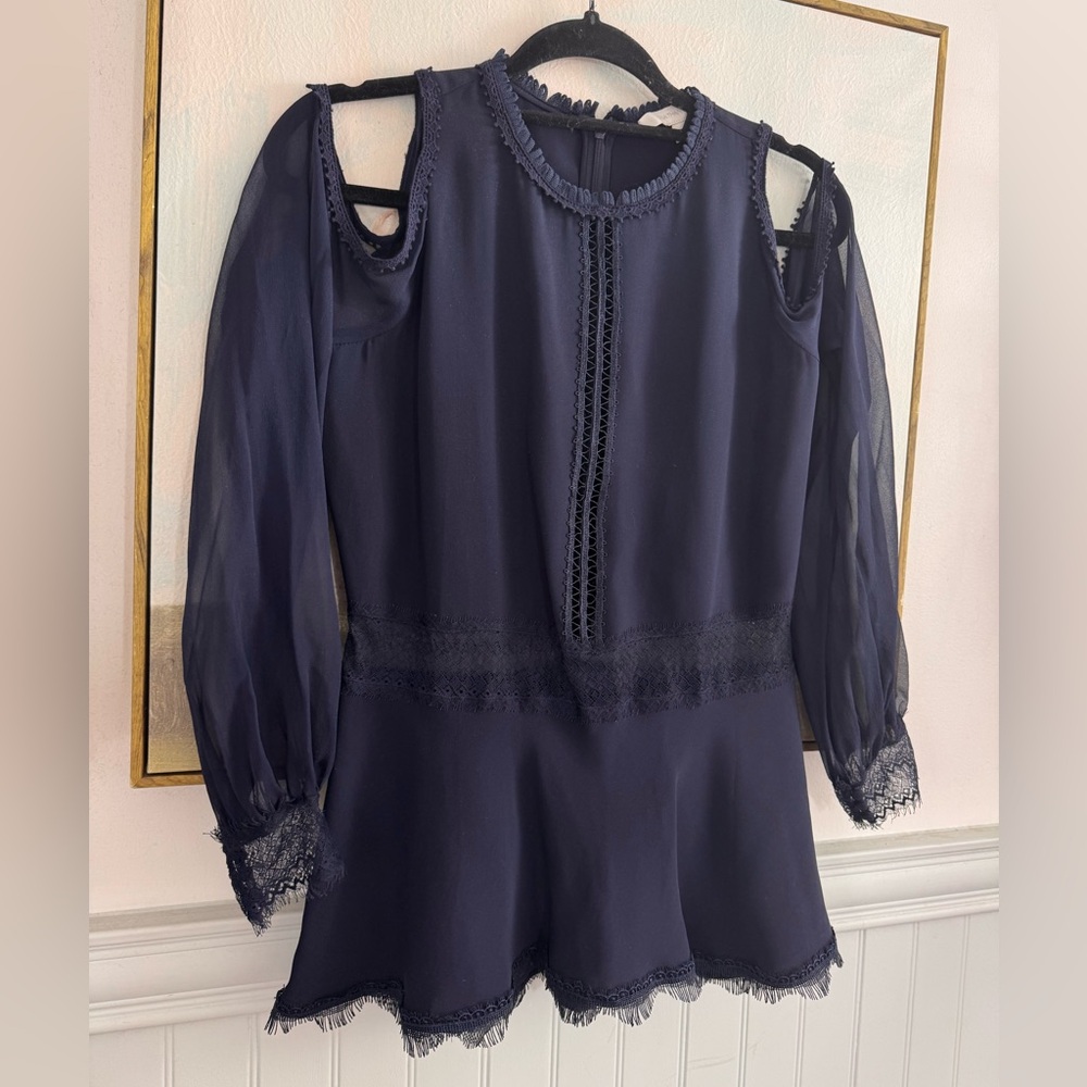 Jonathan Simkhai Cold Shoulder Lace Trim Blouse in Blue Silk - Picture 2 of 6